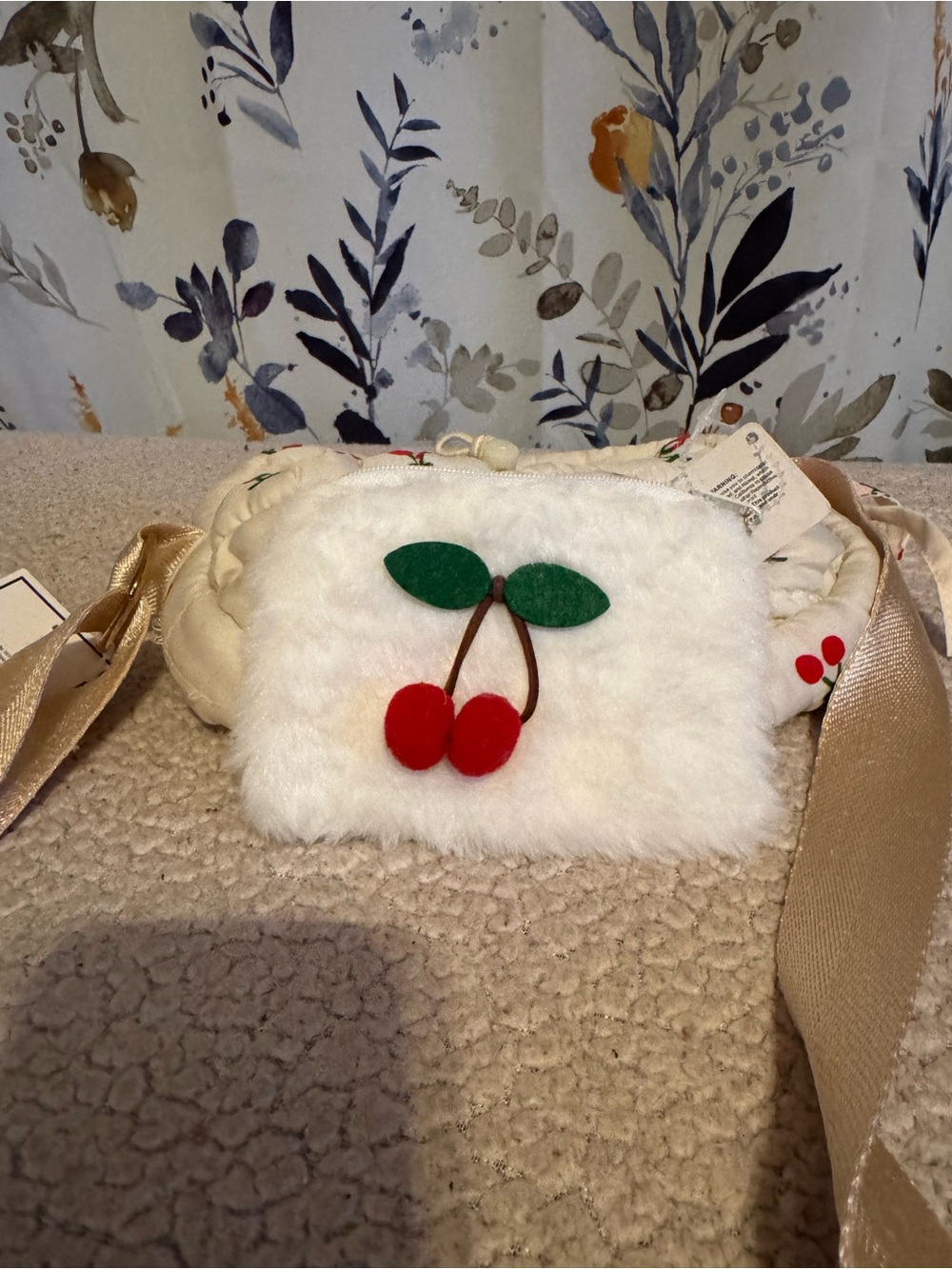 White Faux Fur Cherry Crossbody Pouch and Purse Set NWT